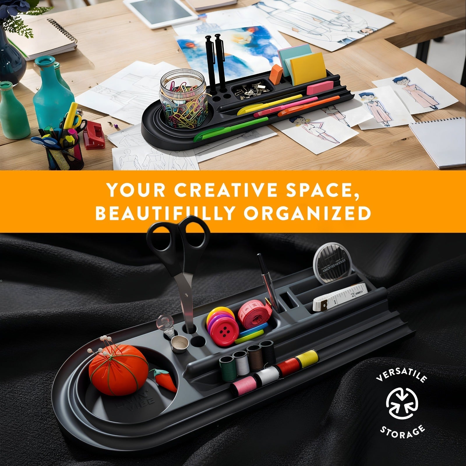 Silicone Desk Organizer Tray | Tech & Office Accessory Holder for iPhone, iPad, Mobile Phones, Tablets, Pens 15.25” × 5.5” LIVINVIBE