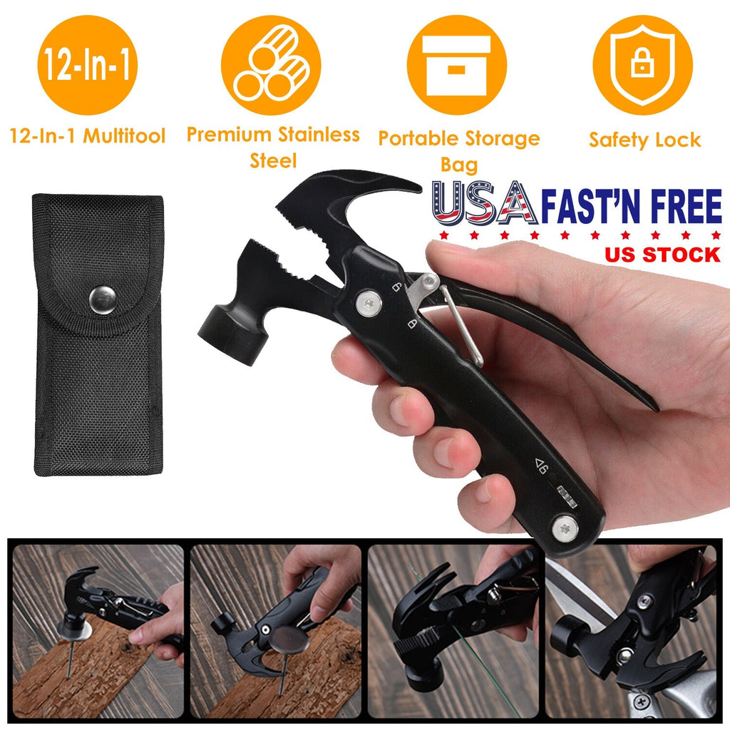 12 in 1 Hammer Multitool Portable Stainless Steel Mini Hammer Survival Tool Camping Gear Unique Gifts for Dad Husband Brother Boyfriend GemGear