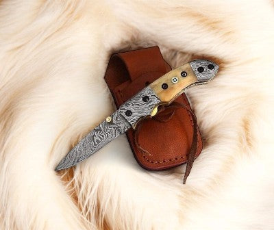 Mini folding knife | Bone Handle pocket knife | 3 inch blade Damascus Knife Store