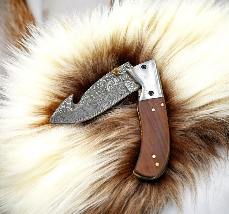 Handmade Damascus Steel Folding Knife with Rosewood Handle Damascus Knife Store