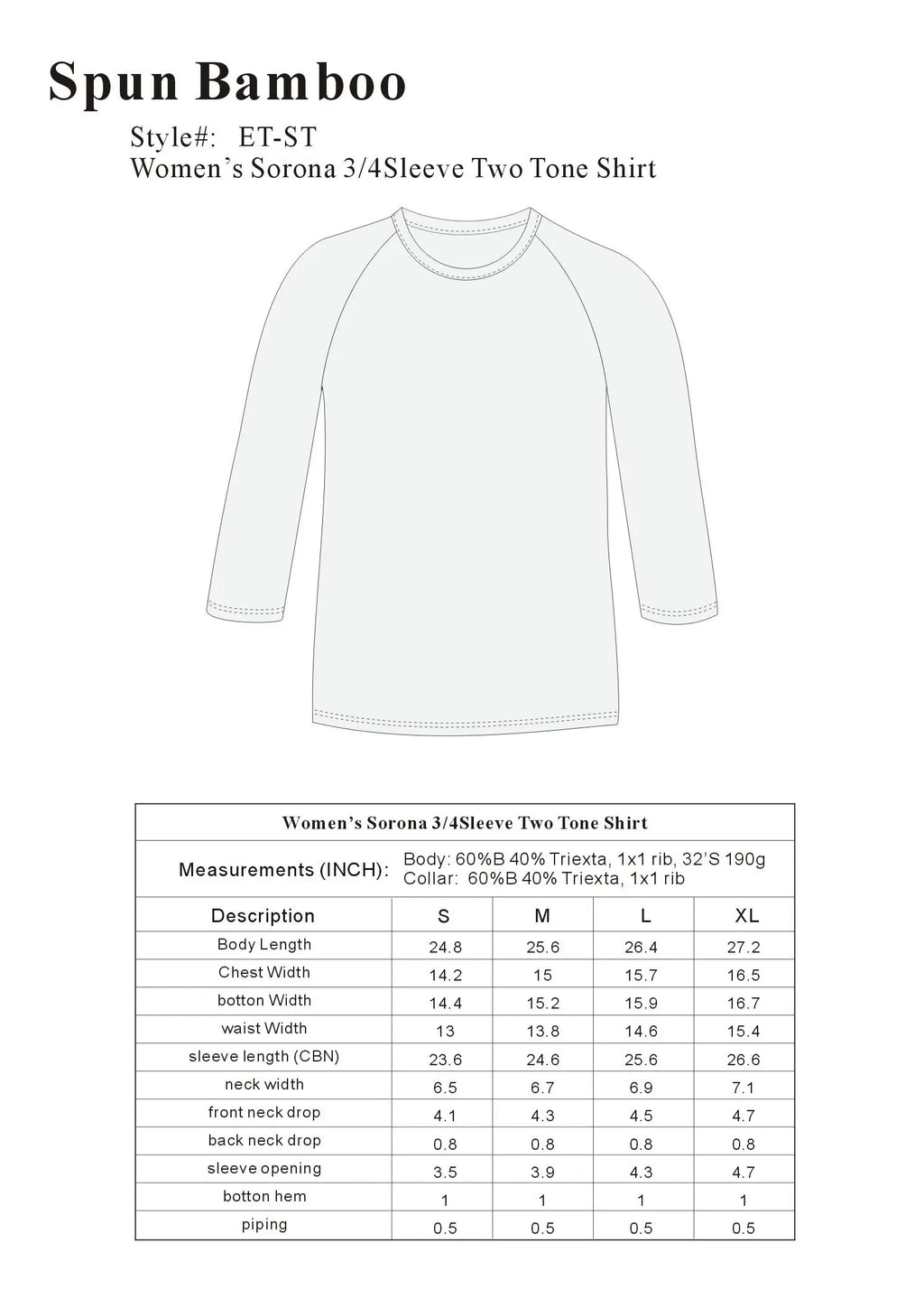 Clearance Women's Bamboo Viscose/Sorona 3/4 Sleeve T-Shirt Spun Bamboo