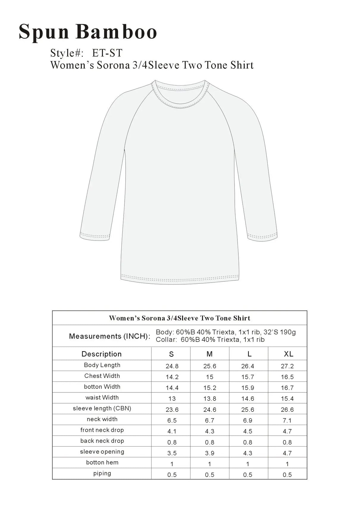 Clearance Women's Bamboo Viscose/Sorona 3/4 Sleeve T-Shirt Spun Bamboo
