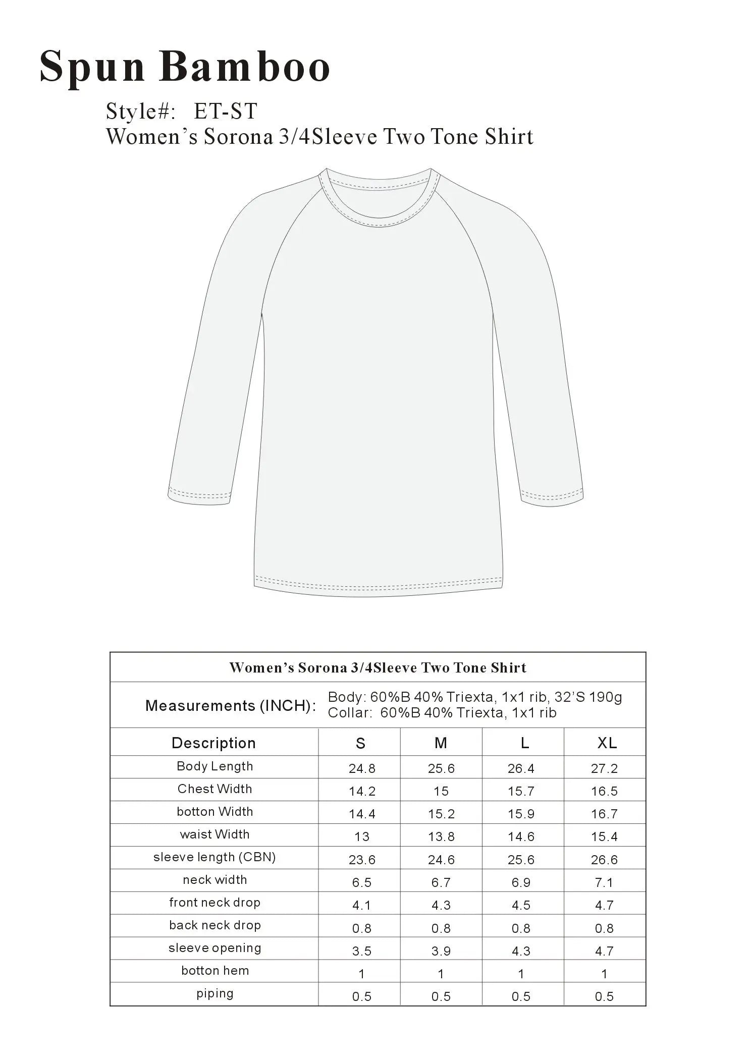 Clearance Women's Bamboo Viscose/Sorona 3/4 Sleeve T-Shirt Spun Bamboo