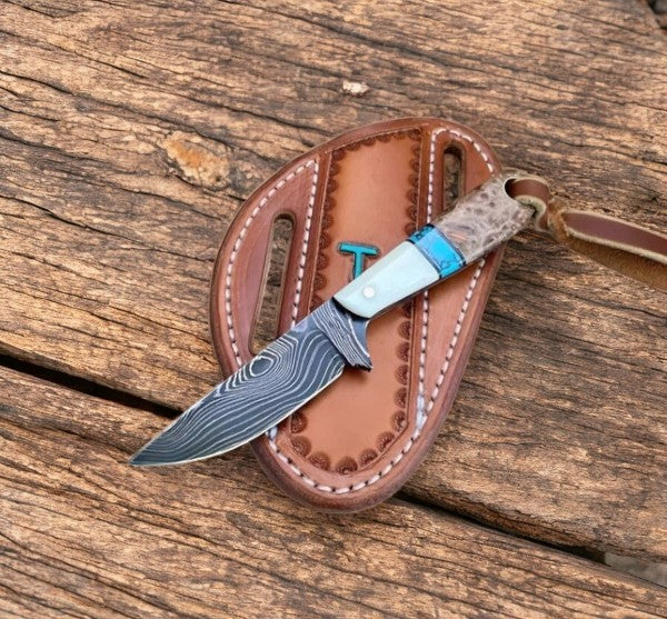 Handmade Damascus Cowboy Knife – Walnut & Turquoise Damascus Knife Store