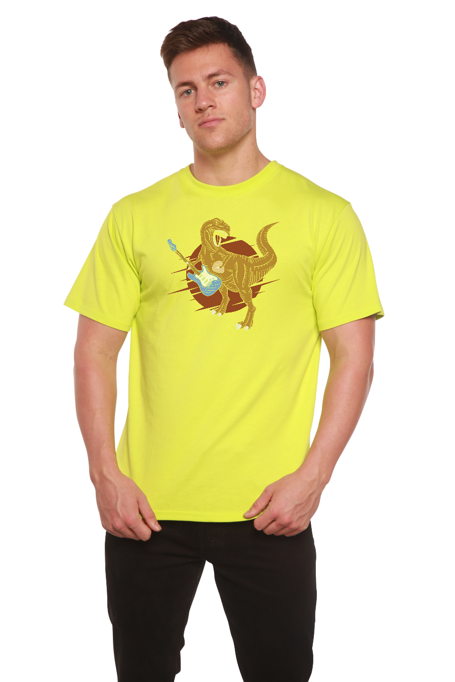 Dinosaur with a guitar Men's Bamboo Viscose/Organic Cotton Short Sleeve Graphic T-Shirt Spun Bamboo