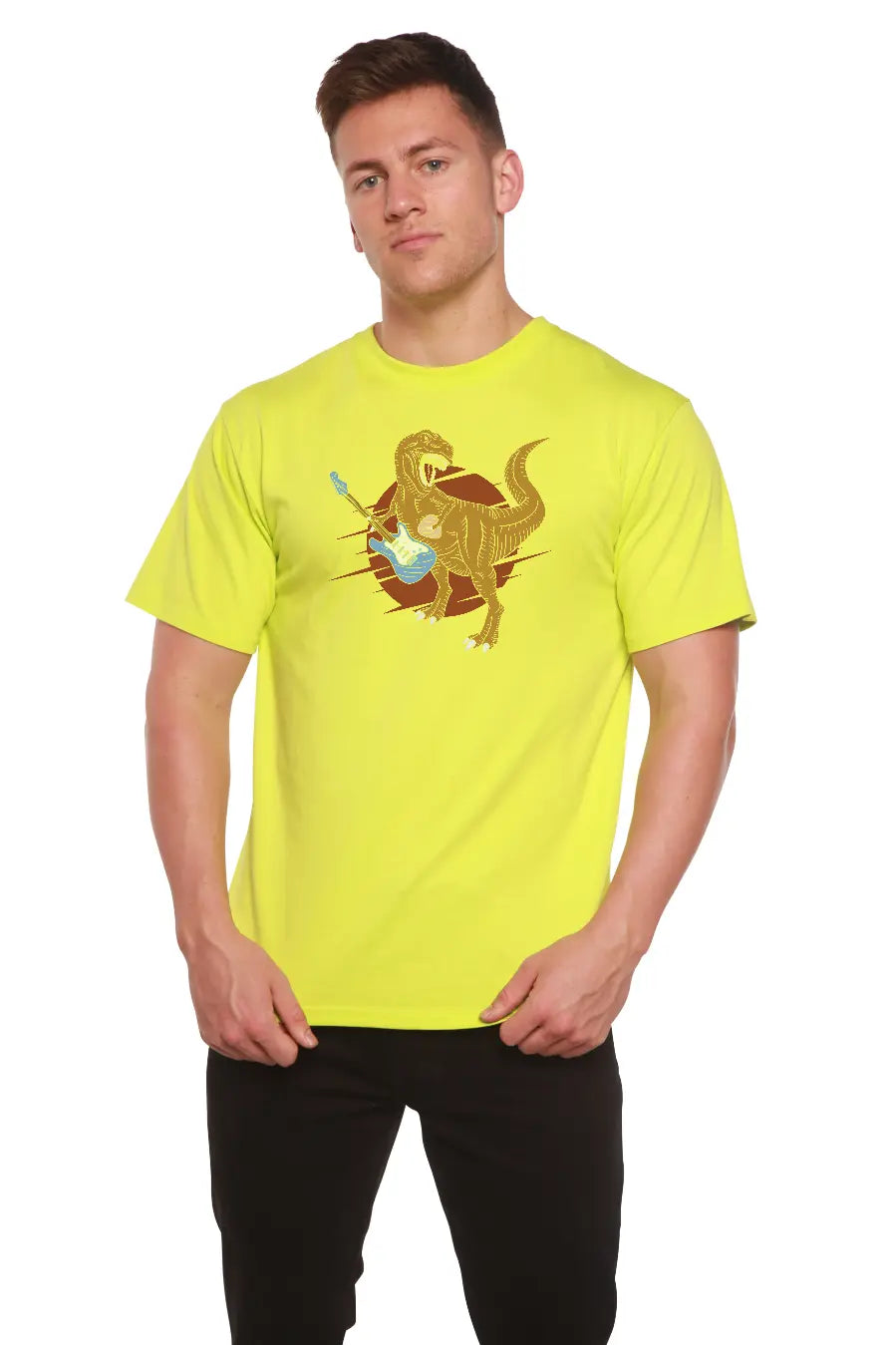 Dinosaur with a guitar Men's Bamboo Viscose/Organic Cotton Short Sleeve Graphic T-Shirt Spun Bamboo