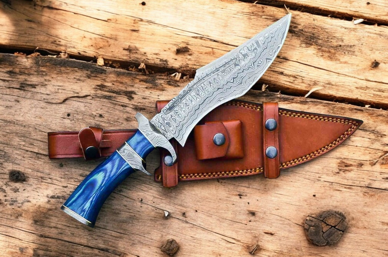 Handmade Damascus Bowie Knife – 15" with Exotic Wood Handle Damascus Knife Store
