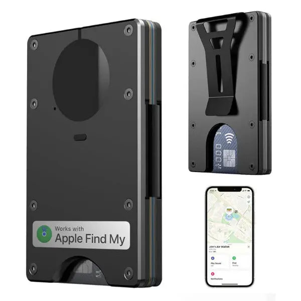 Black wallet with Apple Find My feature, showing front and back views with a phone displaying app interface.
