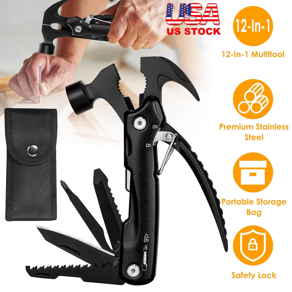 12 in 1 Hammer Multitool Portable Stainless Steel Mini Hammer Survival Tool Camping Gear Unique Gifts for Dad Husband Brother Boyfriend GemGear