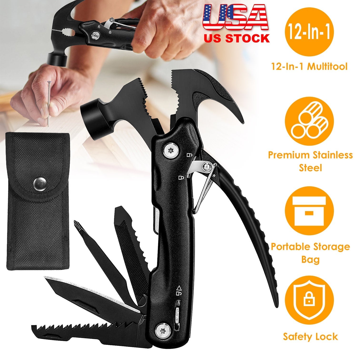 12 in 1 Hammer Multitool Portable Stainless Steel Mini Hammer Survival Tool Camping Gear Unique Gifts for Dad Husband Brother Boyfriend GemGear