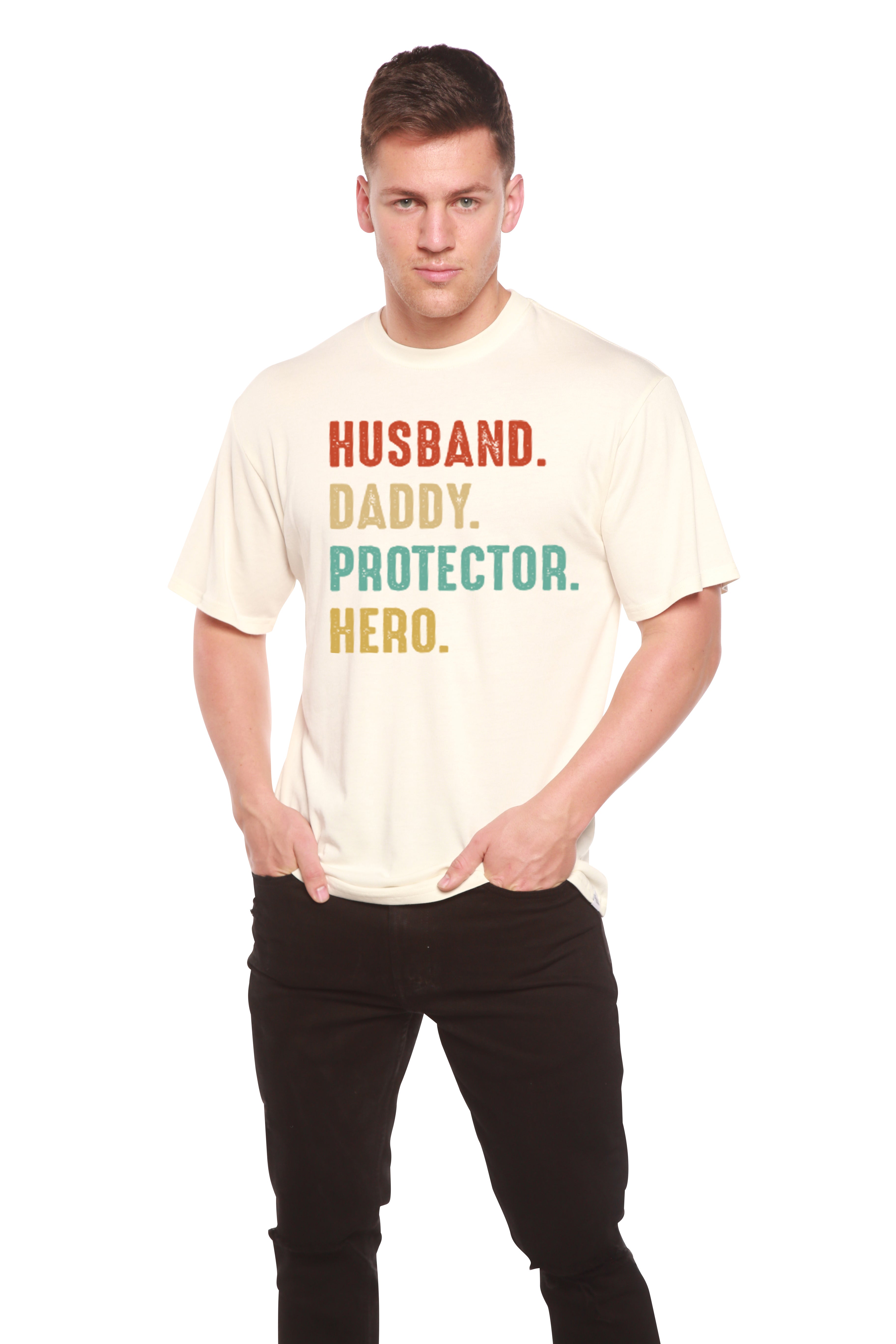 Husband, Daddy, Protector, Hero Men's Bamboo Viscose/Organic Cotton Short Sleeve Graphic T-Shirt Spun Bamboo
