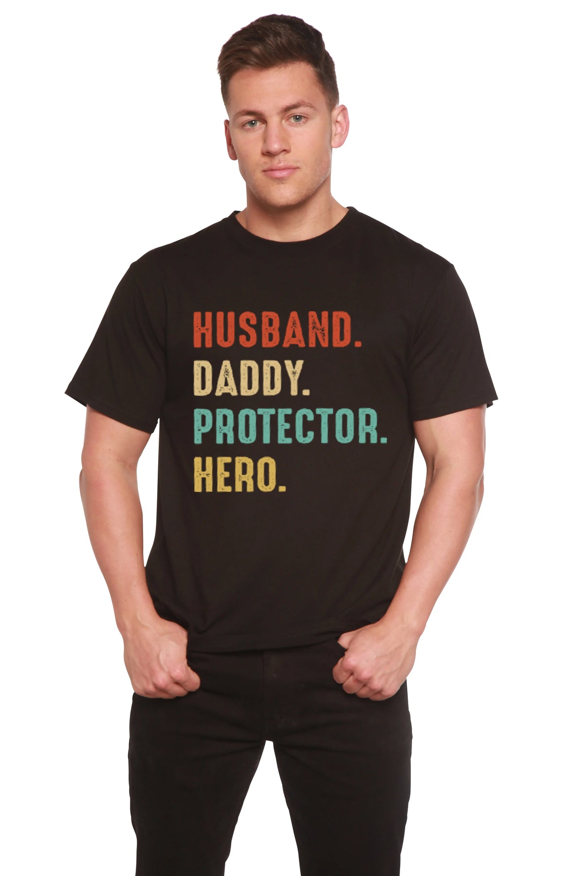 Husband, Daddy, Protector, Hero Men's Bamboo Viscose/Organic Cotton Short Sleeve Graphic T-Shirt Spun Bamboo