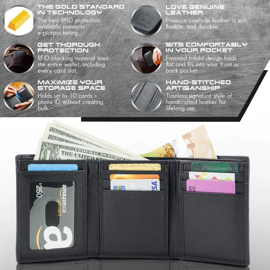 Mens RFID Wallet - Extra Capacity Trifold 7 slot with ID Window ID Stronghold