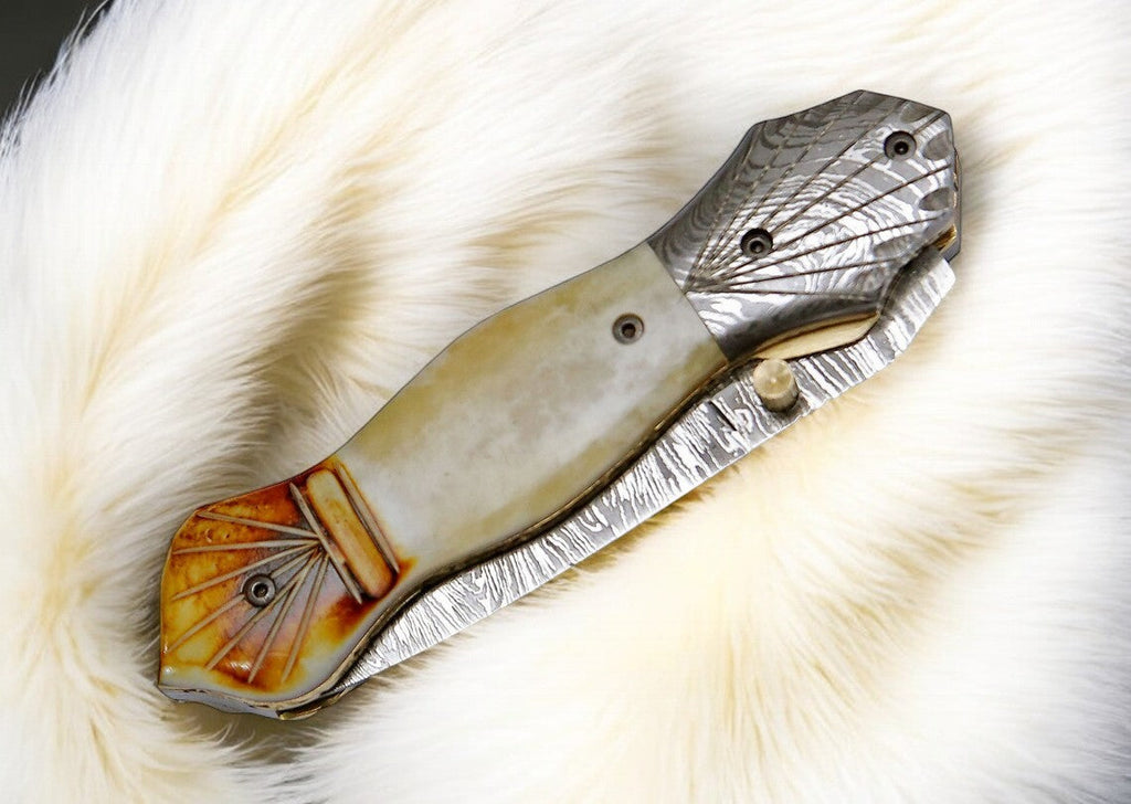 Handmade Damascus Folding Knife – Bone Handle, 3" Blade Damascus Knife Store