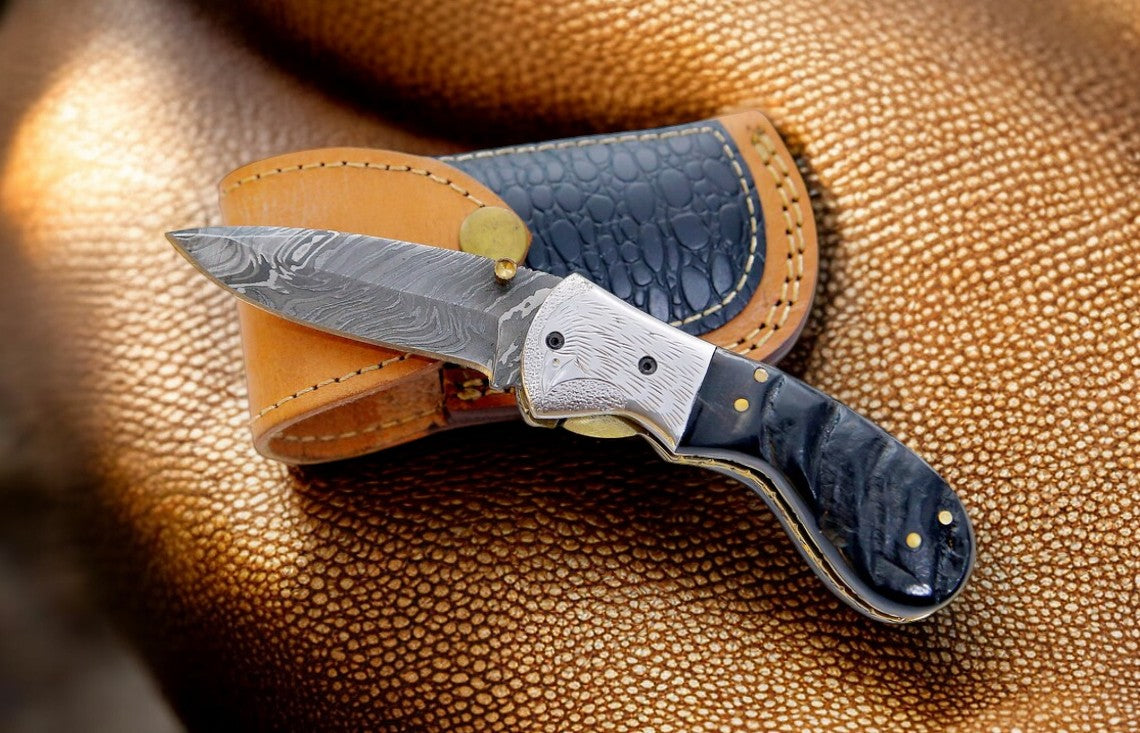 Handmade Damascus Pocket Knife – Sheep Horn Handle Damascus Knife Store