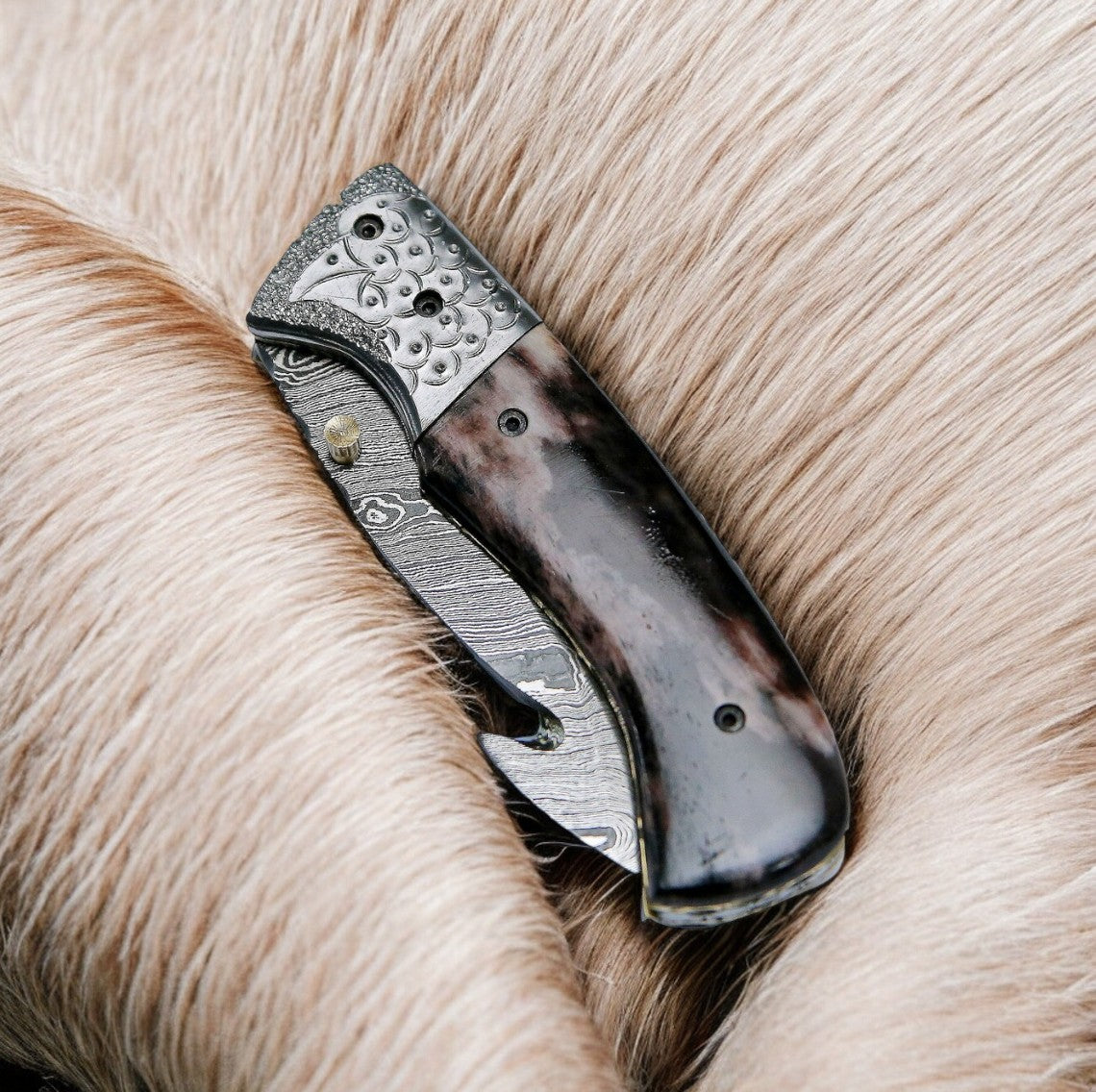 Custom Handmade Damascus Pocket Knife – Colored Bone Handle Damascus Knife Store