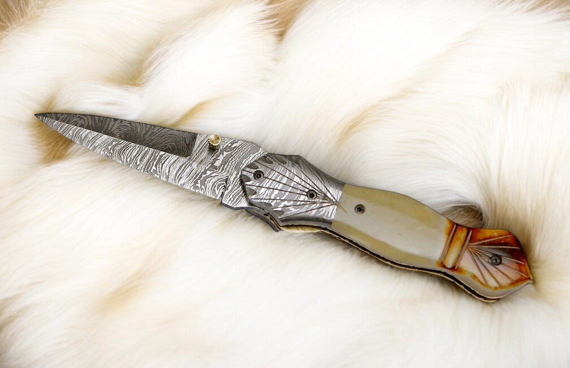 Handmade Damascus Folding Knife – Bone Handle, 3" Blade Damascus Knife Store