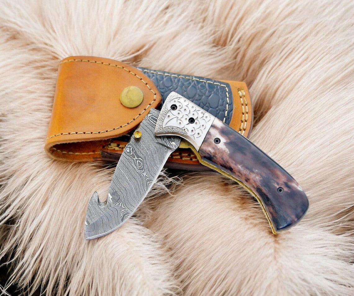 Custom Handmade Damascus Pocket Knife – Colored Bone Handle Damascus Knife Store