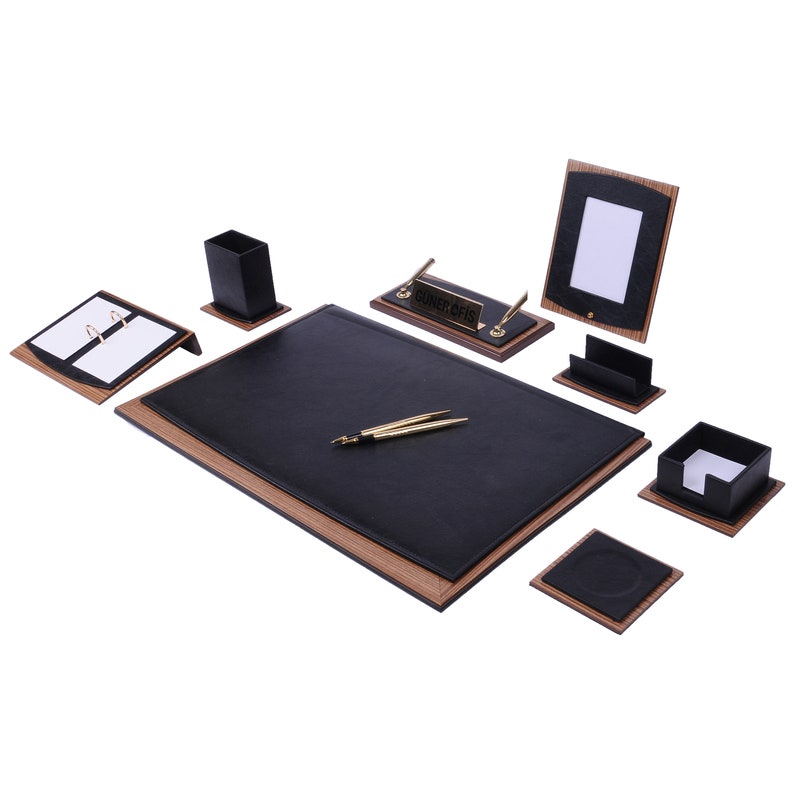 MOOG Star Leather Desk Set -Walnut Wood Combination - Brown -10 PCS Moogdesk