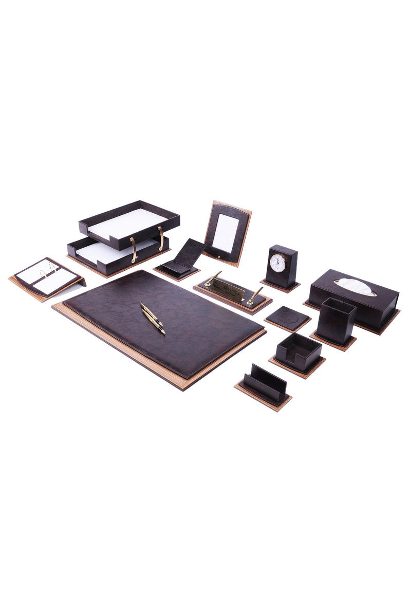 MOOG Star Lux Leather Desk Set -Walnut Wood Combination - Green -14 PCS Moogdesk