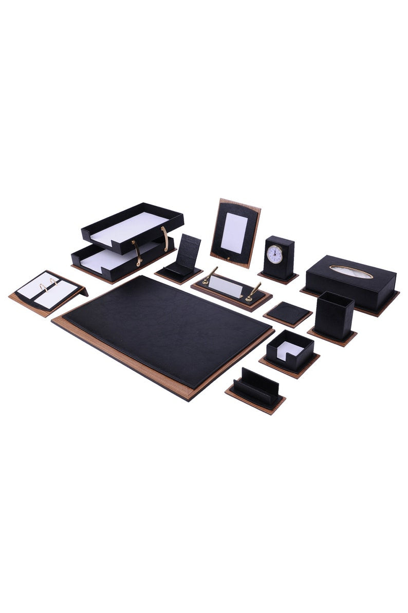 MOOG Star Lux Leather Desk Set -Walnut Wood Combination - Green -14 PCS Moogdesk