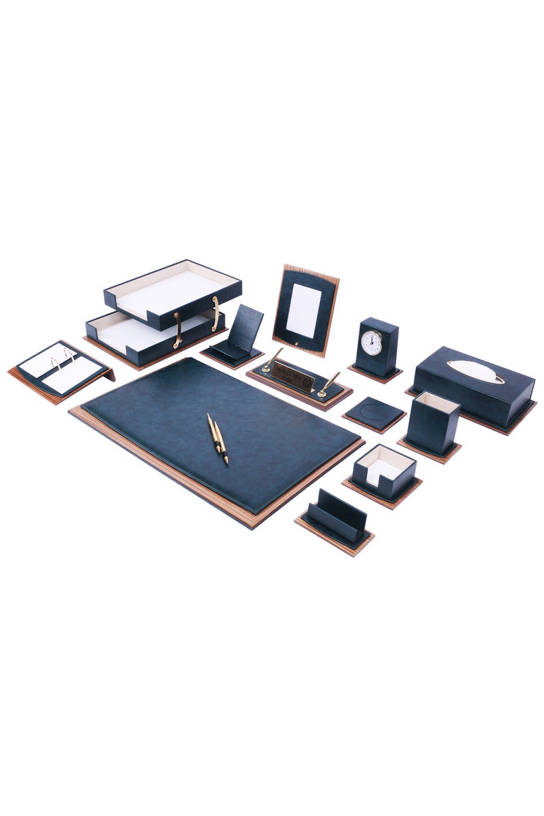 MOOG Star Lux Leather Desk Set -Walnut Wood Combination - Gray-14 PCS Moogdesk