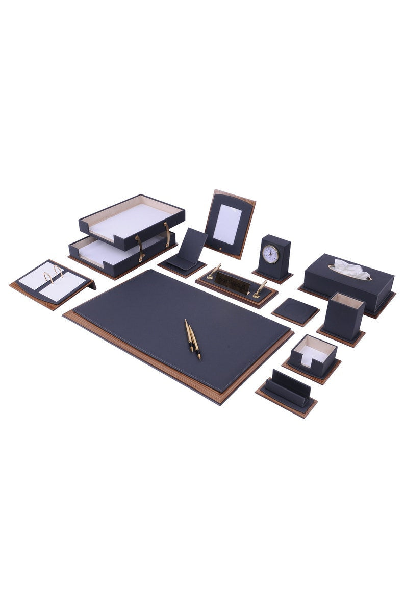 MOOG Star Lux Leather Desk Set -Walnut Wood Combination - Brown -14 PCS Moogdesk