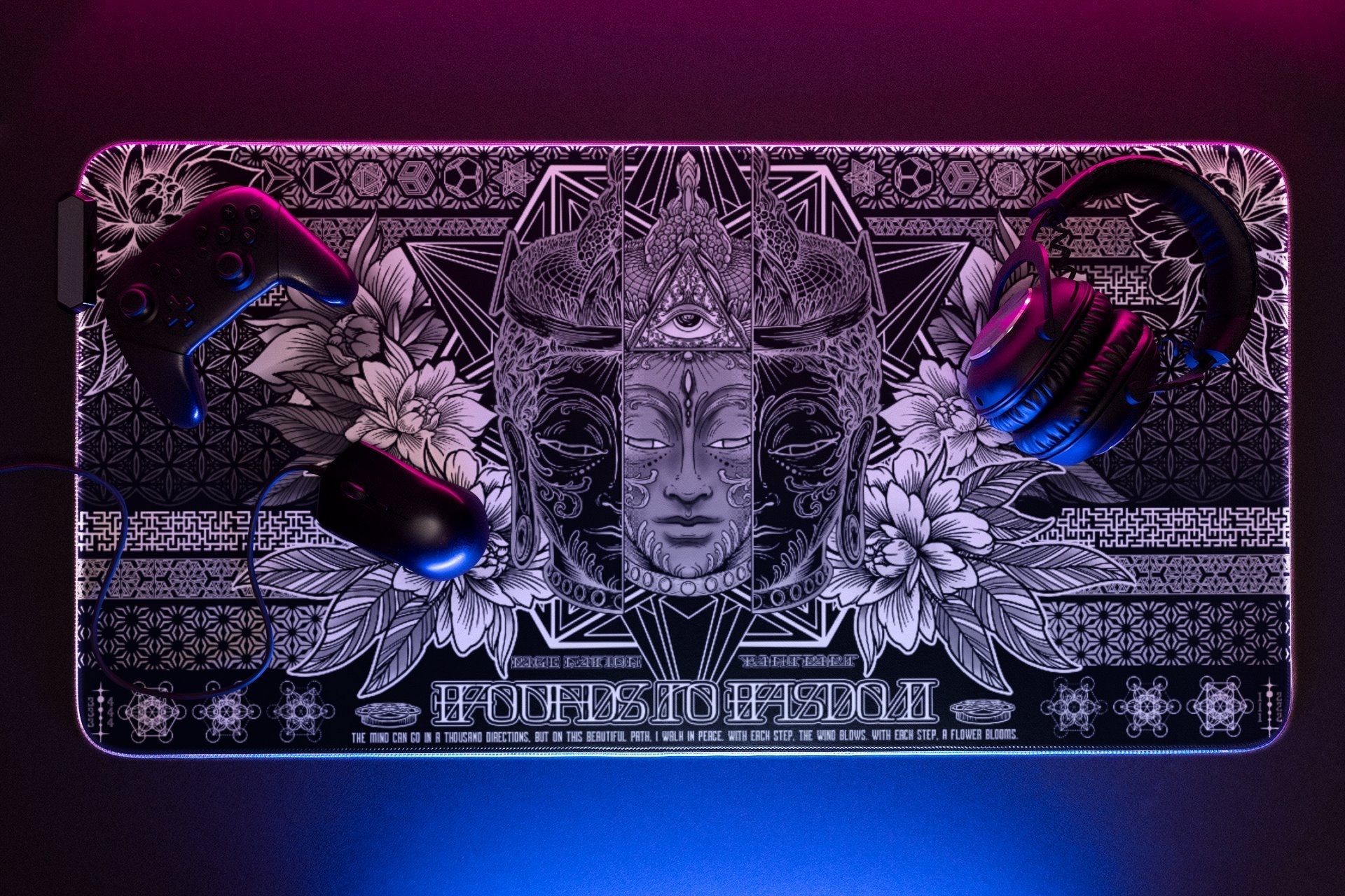 WOUNDS TO WISDOM V1 ✦ MONOCHROME ✦ XXL RGB Gaming Mouse Pad Rage Nation Apparel