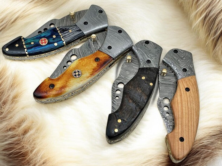 Handmade Damascus Folding Knife | Olivewood Handle Damascus Knife Store