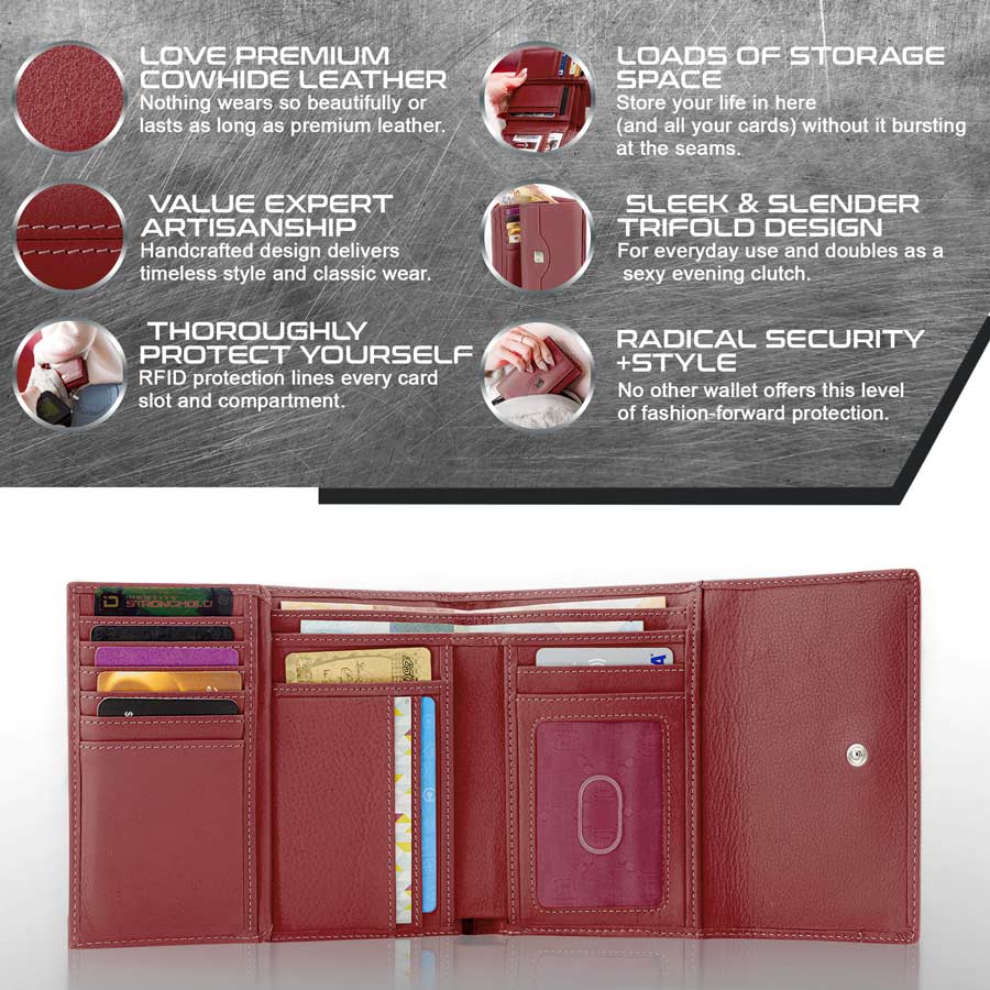 RFID Blocking Women's Leather Trifold Wallet ID Stronghold
