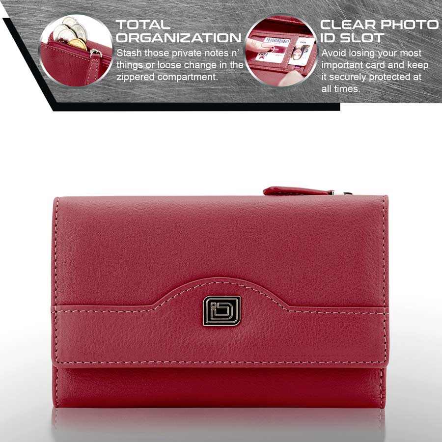 RFID Blocking Women's Leather Trifold Wallet ID Stronghold