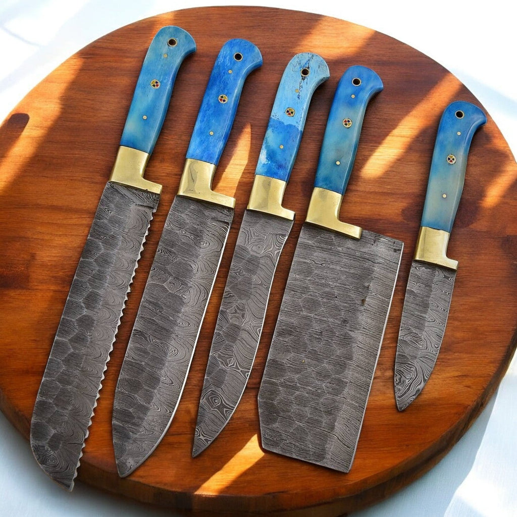 Handmade Damascus Kitchen Knives Set with Bone Handles Damascus Knife Store