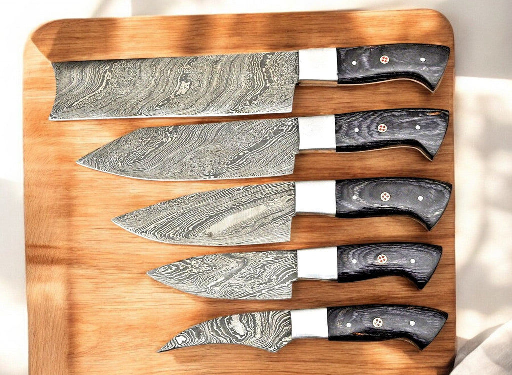Handmade Damascus Kitchen Knives Set – Exotic Wood Handles Damascus Knife Store