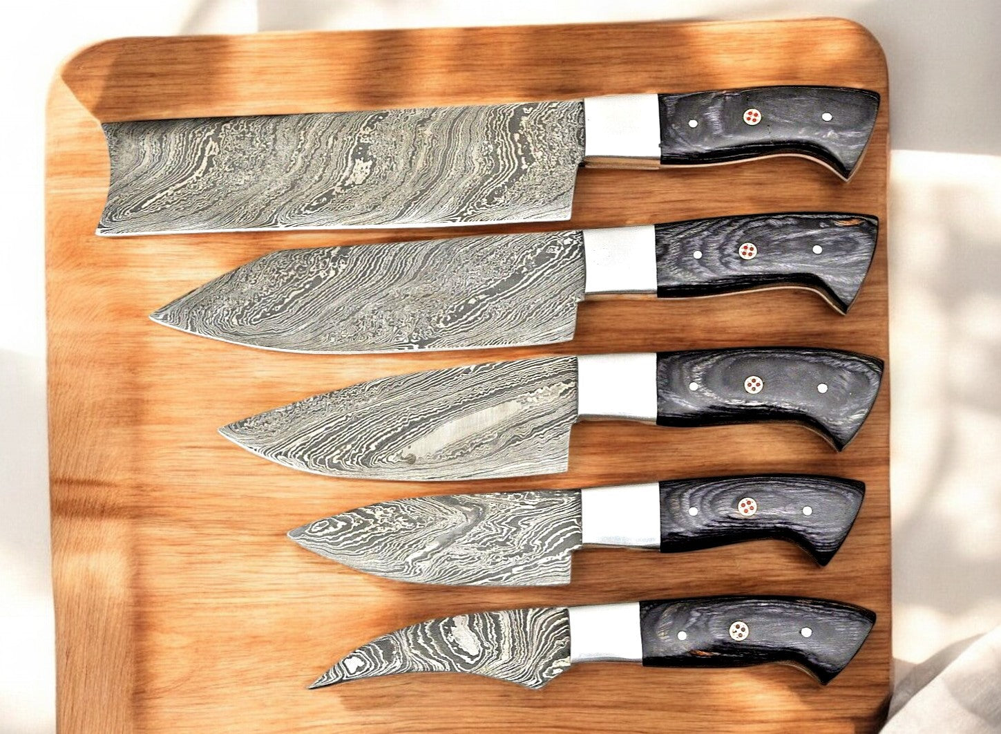 Handmade Damascus Kitchen Knives Set – Exotic Wood Handles Damascus Knife Store