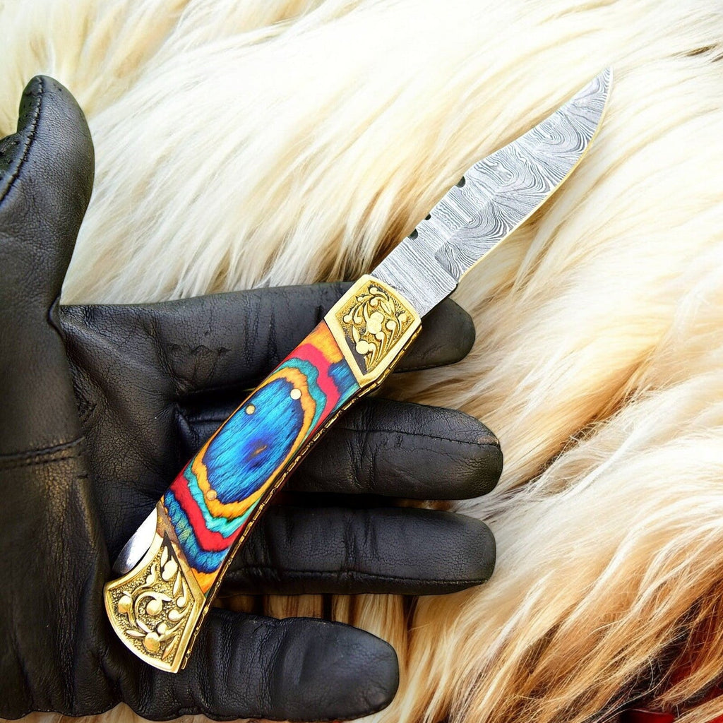 Custom Handmade Damascus Pocket Knife with Multi-Color Wood Handle Damascus Knife Store