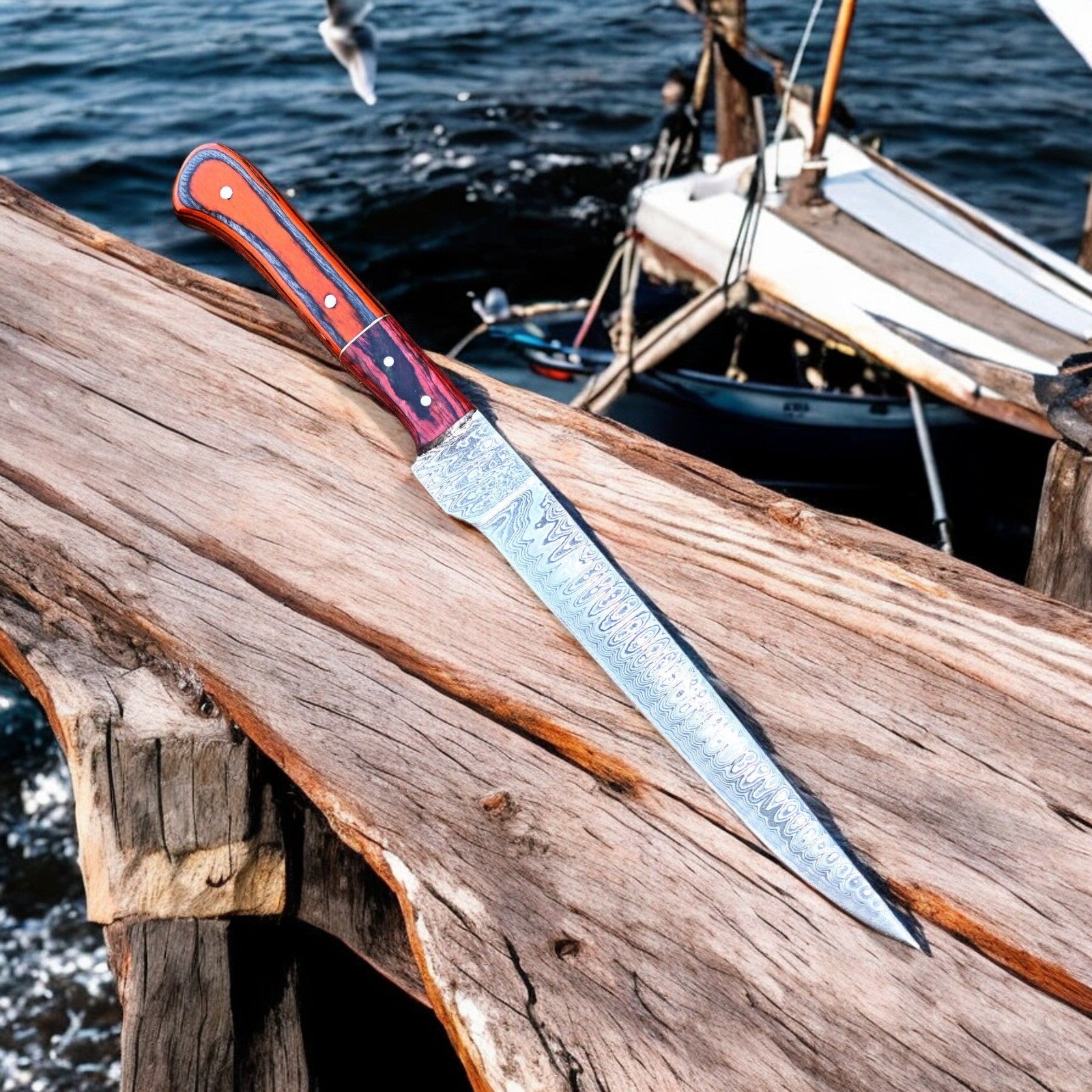 Custom Handmade Damascus Fillet Knife – 12" Exotic Wood Damascus Knife Store