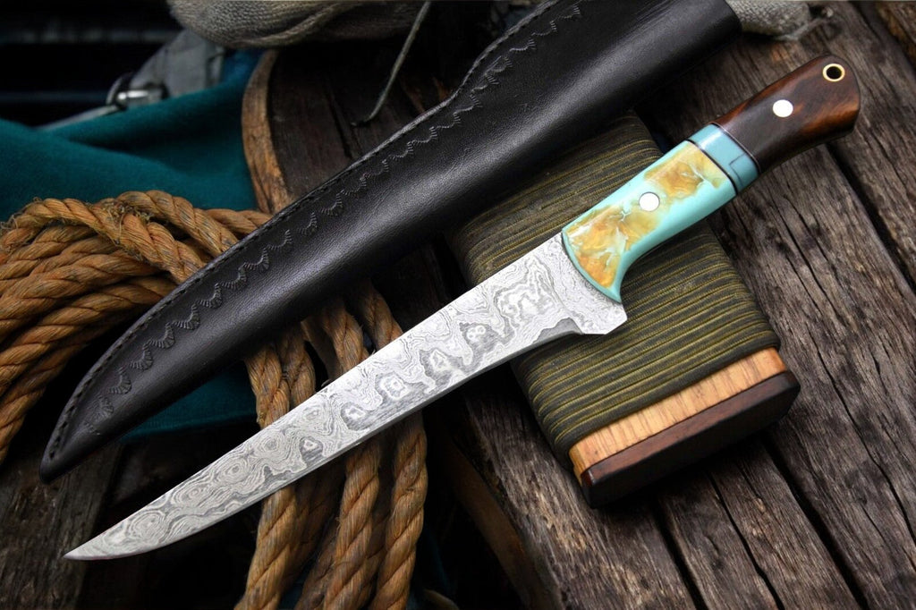 Handmade Damascus Fillet Knife – Rosewood & Resin Handle Damascus Knife Store