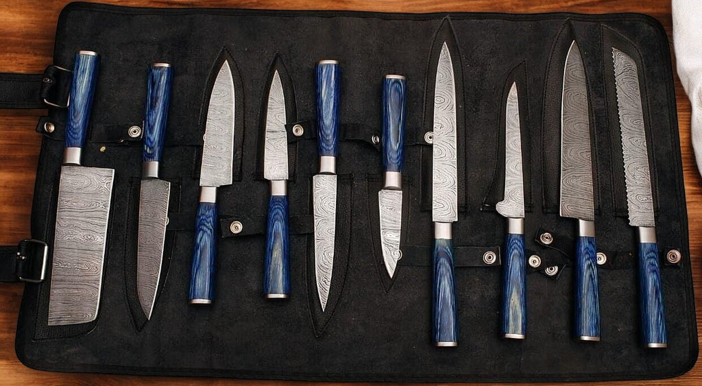 Handmade Damascus Steel Kitchen Knives Set with Leather Roll Damascus Knife Store