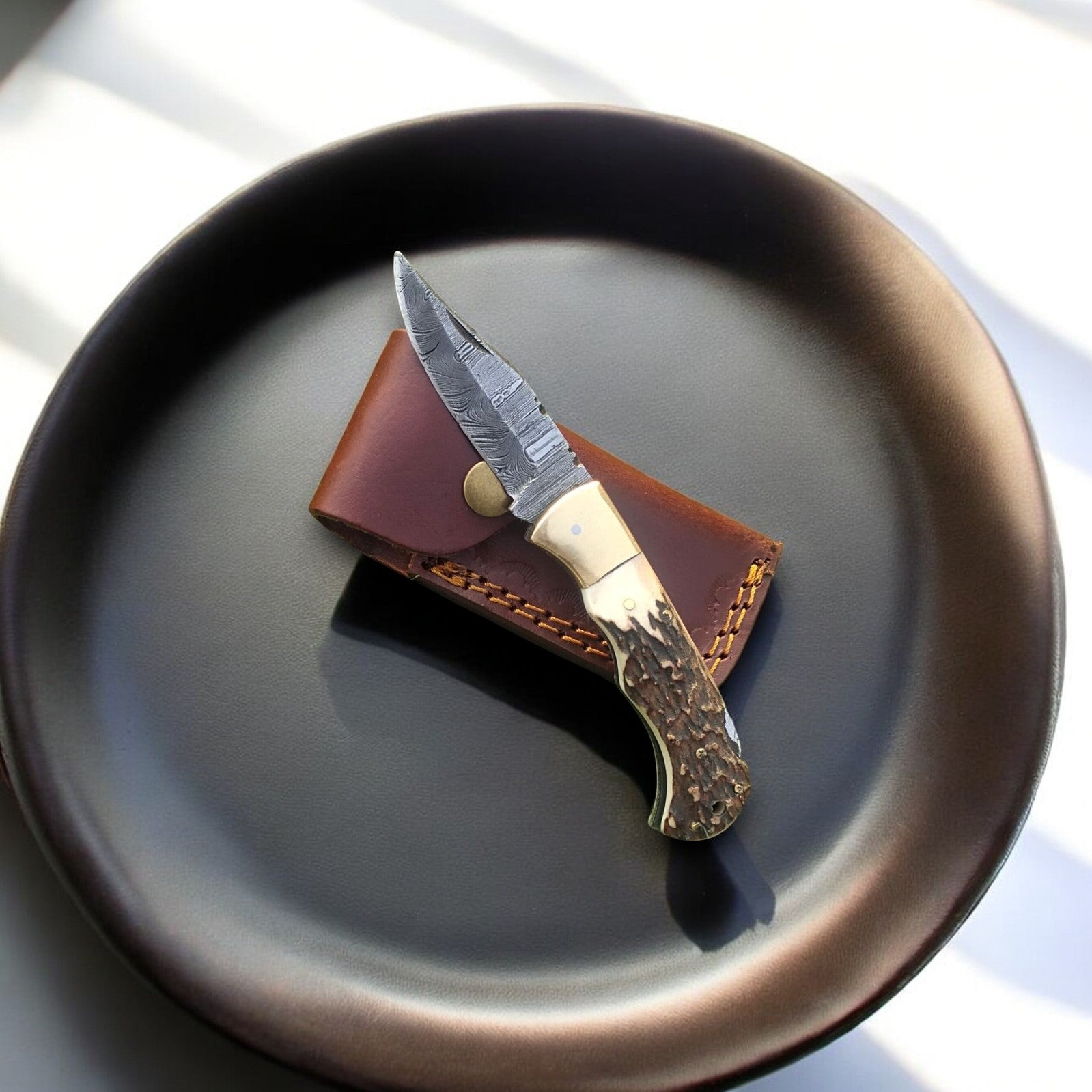 Folding Hunter Knife | Antler Horn Handle with Leather Case Damascus Knife Store
