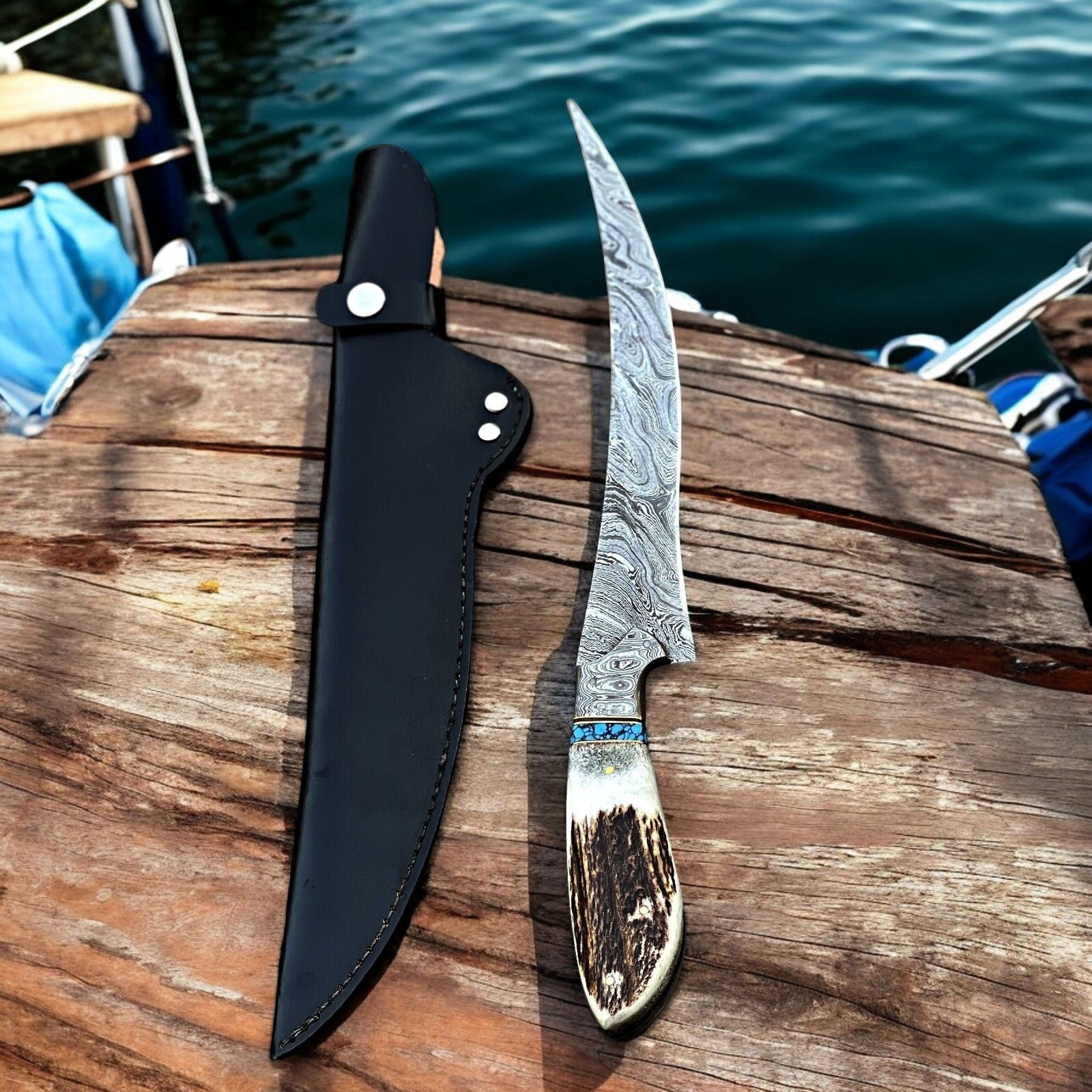 Premium Damascus Fillet Knife – Antler Horn Handle, 13" Damascus Knife Store