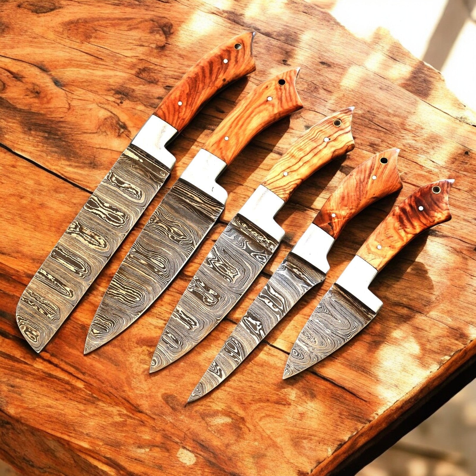 Handmade Damascus Kitchen Knives Set with Olivewood Handle Damascus Knife Store