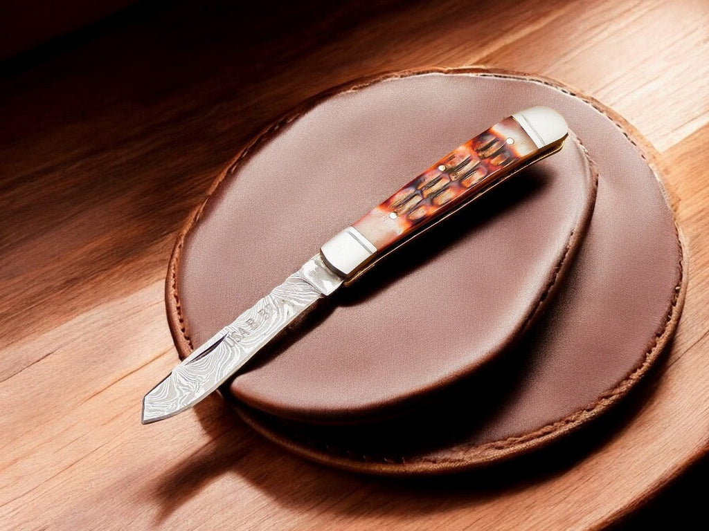 Custom Handmade Damascus Steel Pocket Knife with Bone Handle Damascus Knife Store