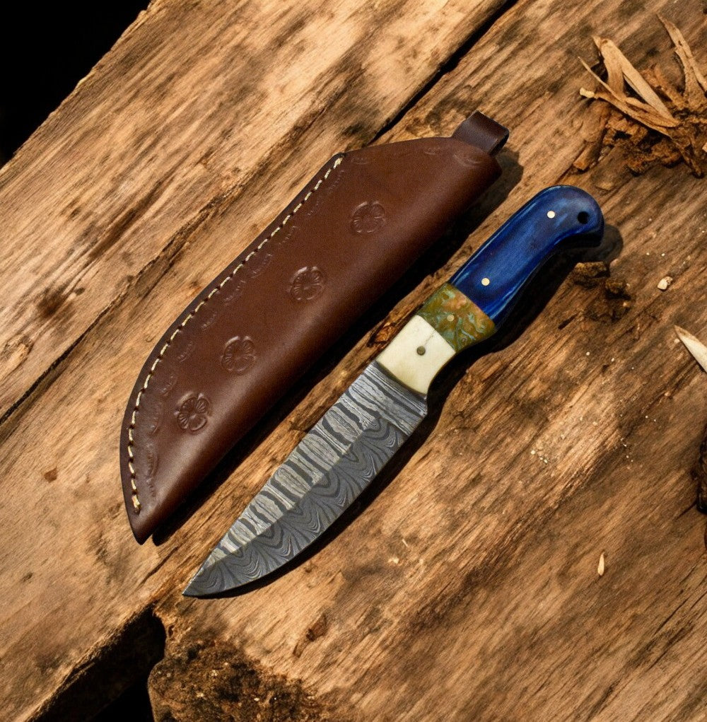 Handmade Damascus Skinning Knife – Bone & Resin Handle Damascus Knife Store