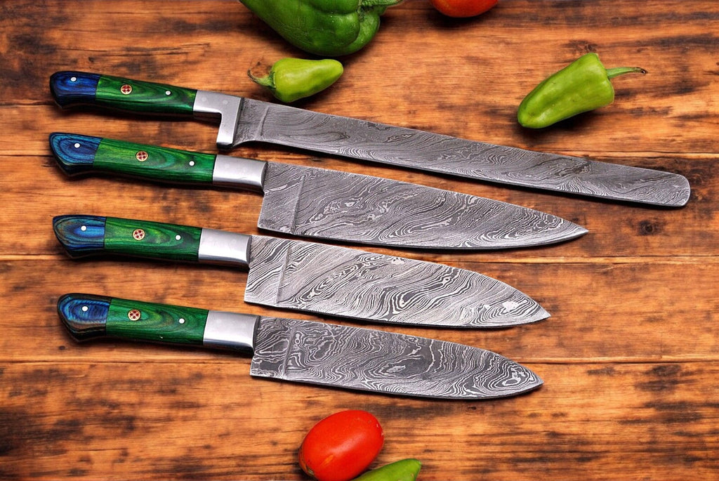 Handmade Damascus Kitchen Knives Set with Leather Roll Damascus Knife Store