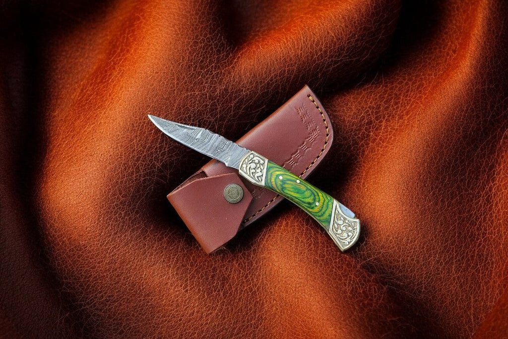 Handmade Damascus Folding Knife – Exotic Wood Handle Damascus Knife Store