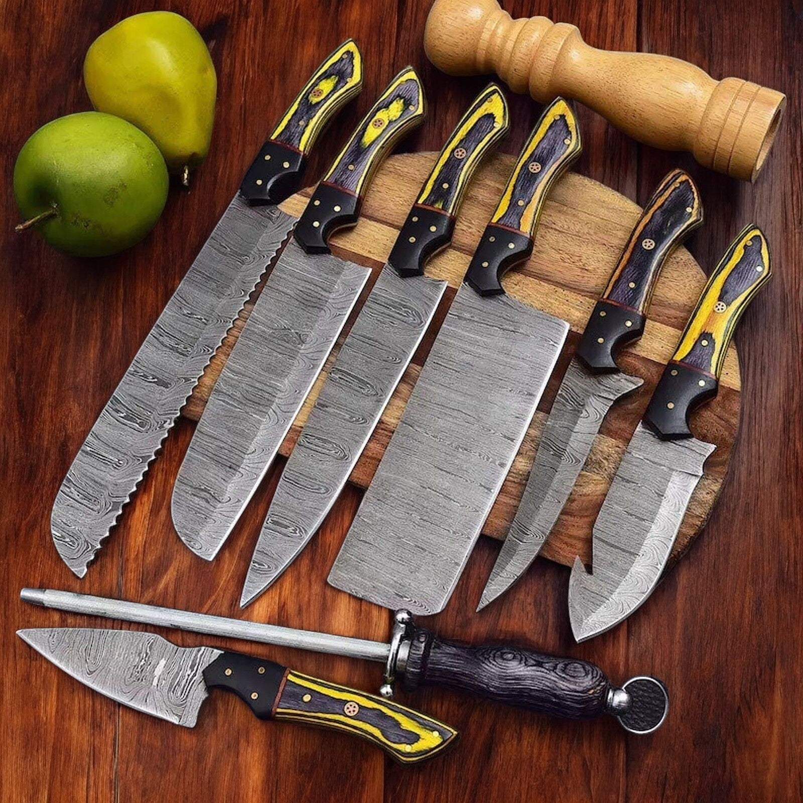 Handmade Damascus Kitchen Knives Set | Exotic Wood & Horn Damascus Knife Store