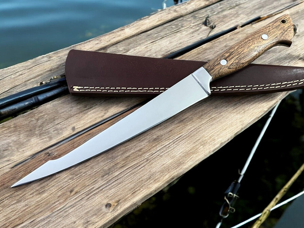 Handmade Fillet Knife with Walnut Wood Handle – 13.6" Damascus Knife Store