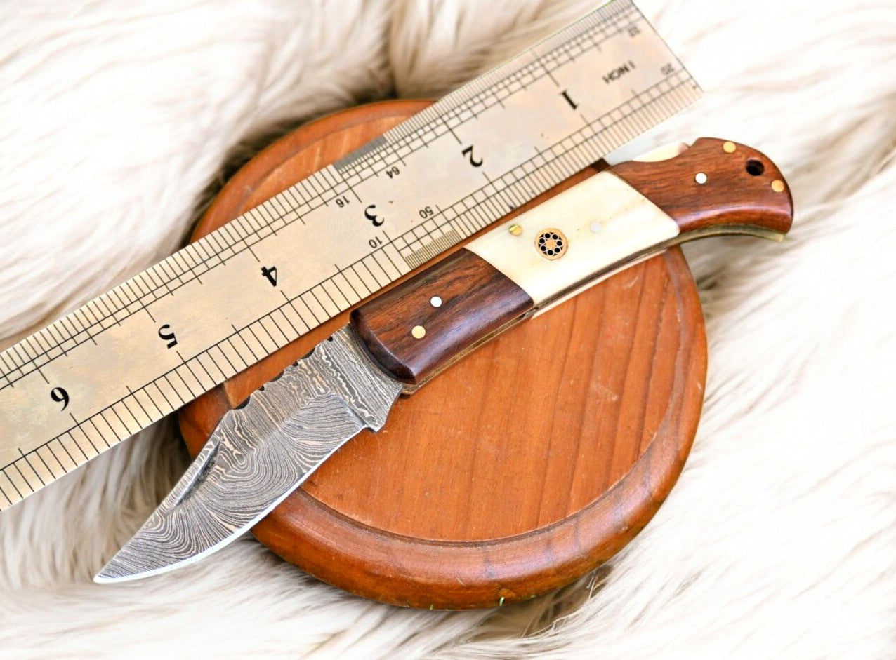 Handmade Damascus Steel Pocket Knife – Rosewood & Bone Damascus Knife Store