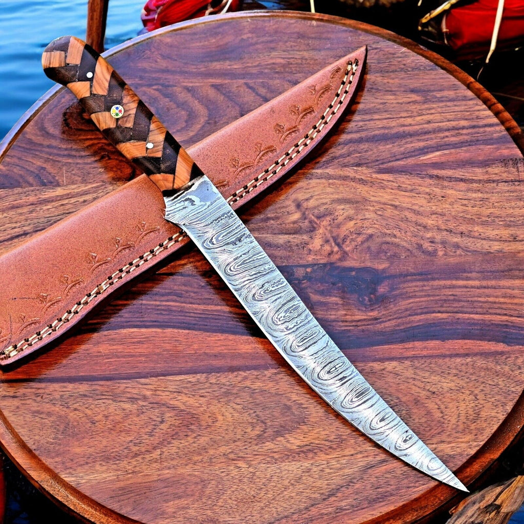 Handmade Damascus Fillet Knife – 12" with Olivewood Handle Damascus Knife Store