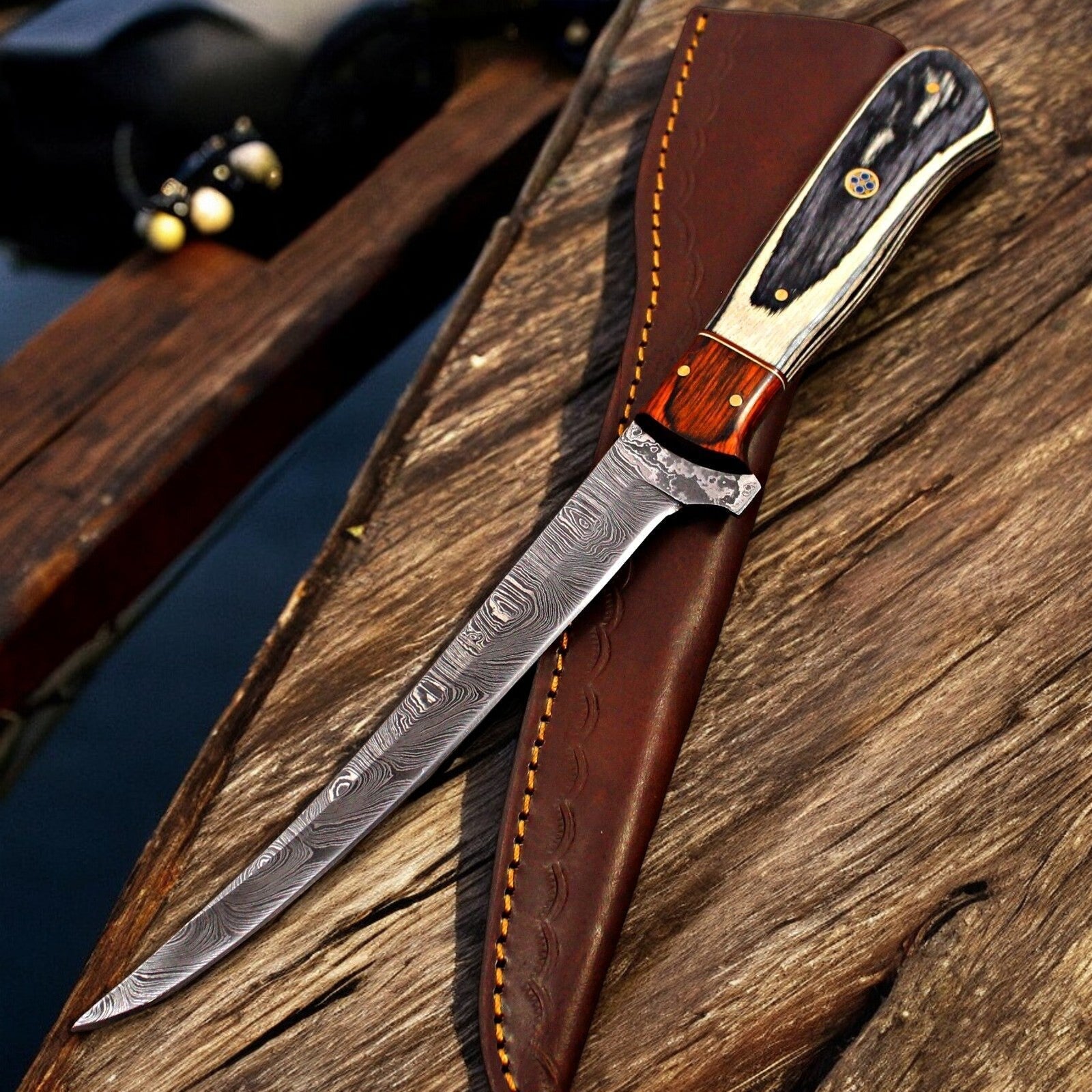 Handmade Damascus Fillet Knife with Antler Horn Handle Damascus Knife Store
